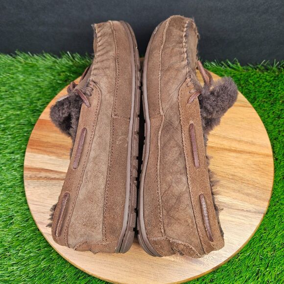 LL Bean Wicked Good Slippers Mens 9 Wide Brown Suede Shearling Slip On Shoes - Picture 8 of 11